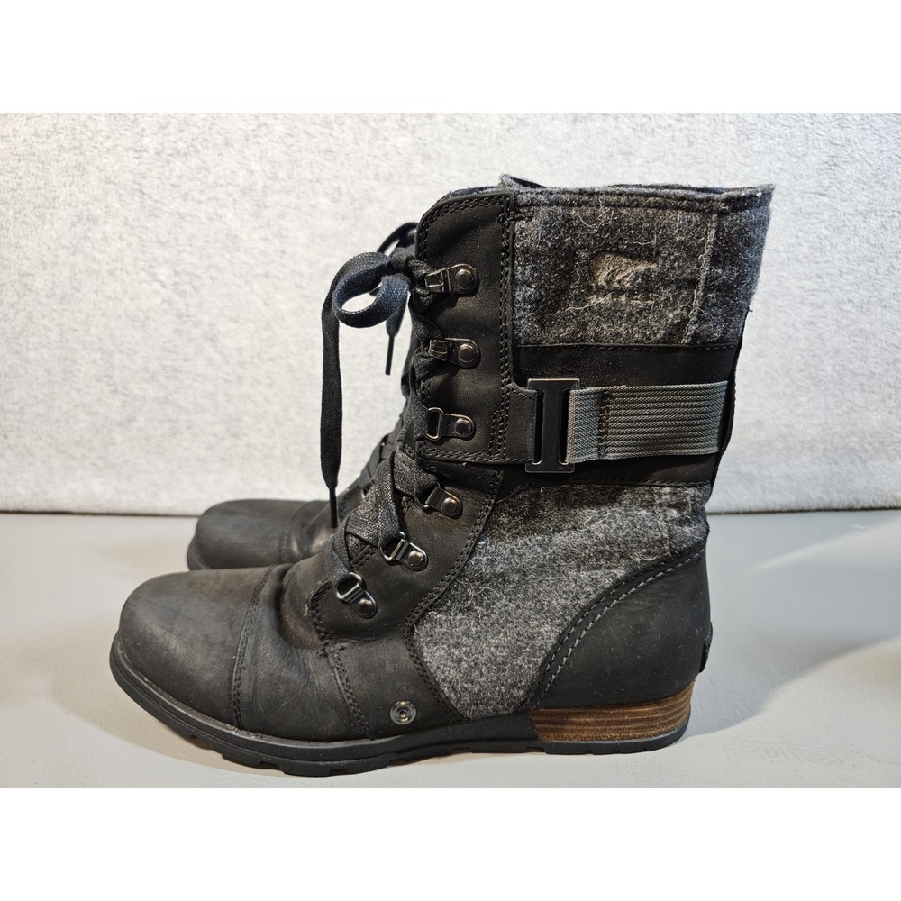 Sorel Major Carly Black Leather Gray Wool Zip Combat Boots Size 10 Steampunk